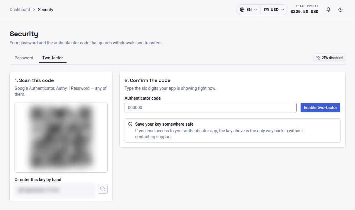 RAFY Capital Security (2FA) page