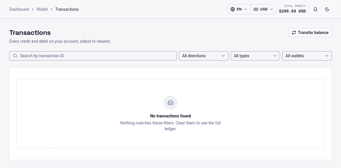RAFY Capital Transaction ledger page
