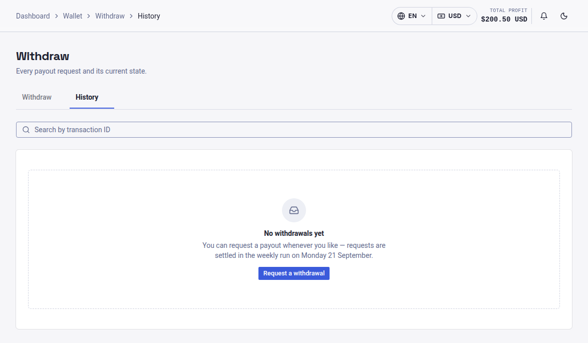 RAFY Capital Withdrawal history page